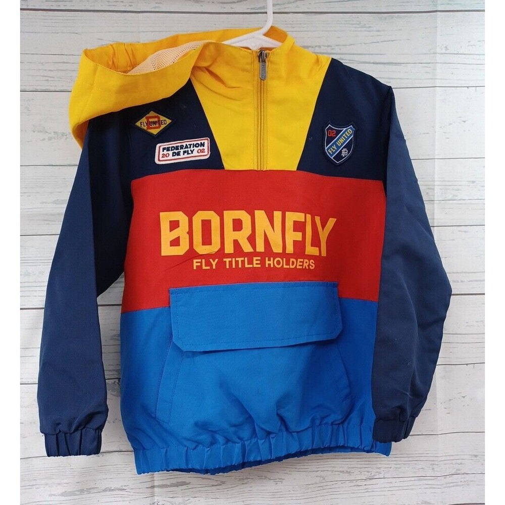 Born Fly Windbreaker Jacket Boys Sz M Blue Red 3/4 Zip Long Sleeve Hood